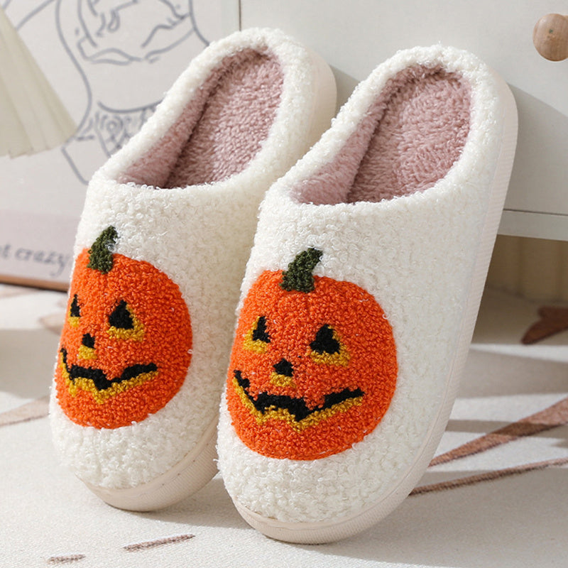 Halloween Pumpkin Slippers – Warm, Non-Slip Suede House Shoes for Men & Women