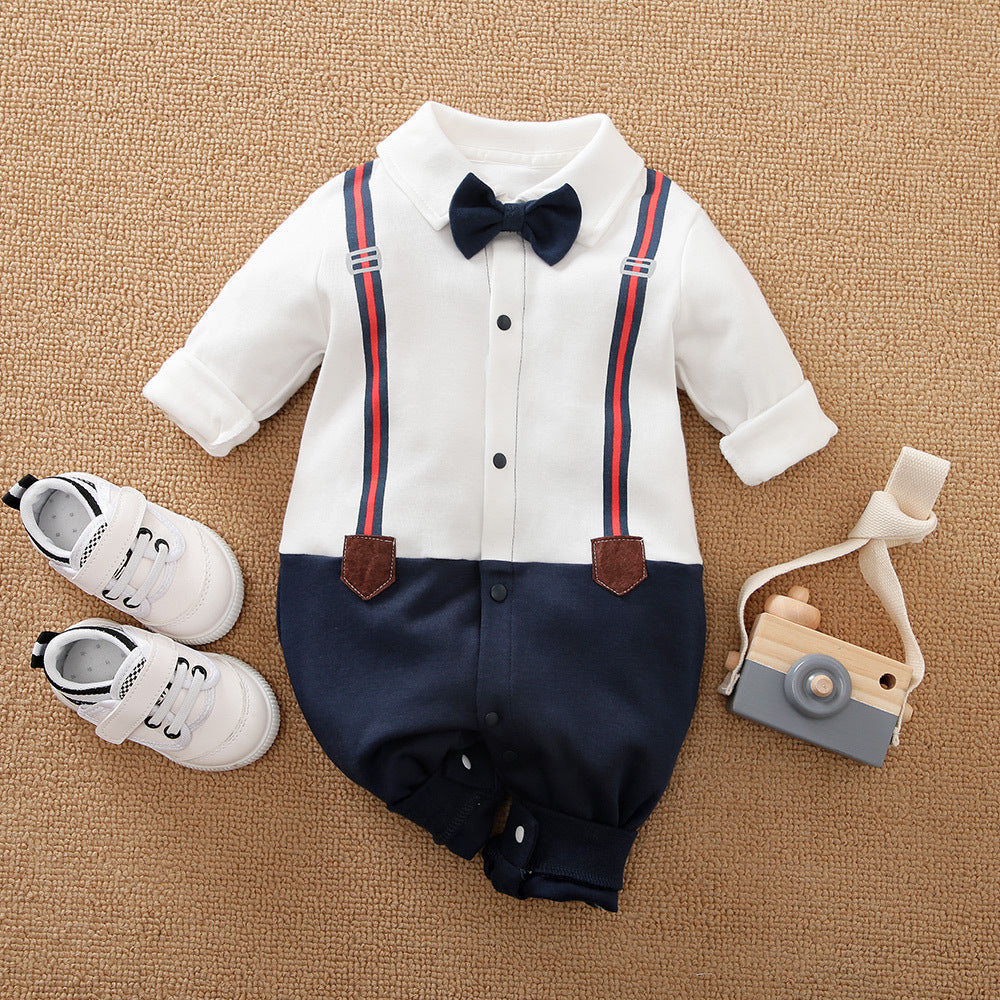 Baby Gentleman Romper – Stylish Long Sleeve Cotton Outfit with Bow Tie Strap