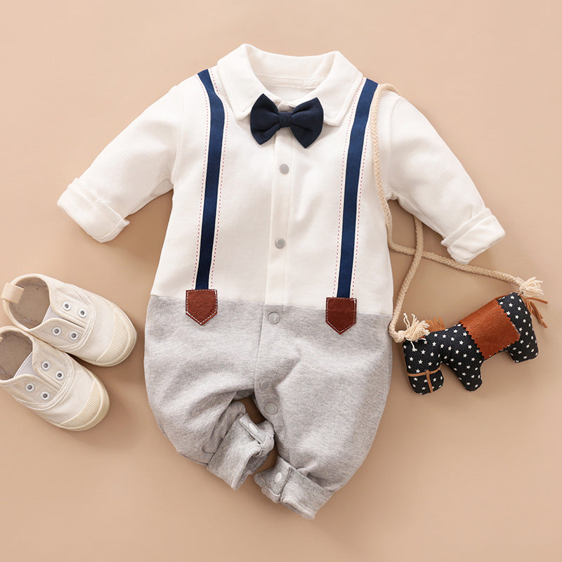 Baby Gentleman Romper – Stylish Long Sleeve Cotton Outfit with Bow Tie Strap