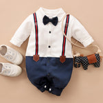 Baby Gentleman Romper – Stylish Long Sleeve Cotton Outfit with Bow Tie Strap