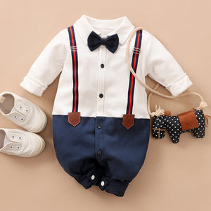 Baby Gentleman Romper – Stylish Long Sleeve Cotton Outfit with Bow Tie Strap