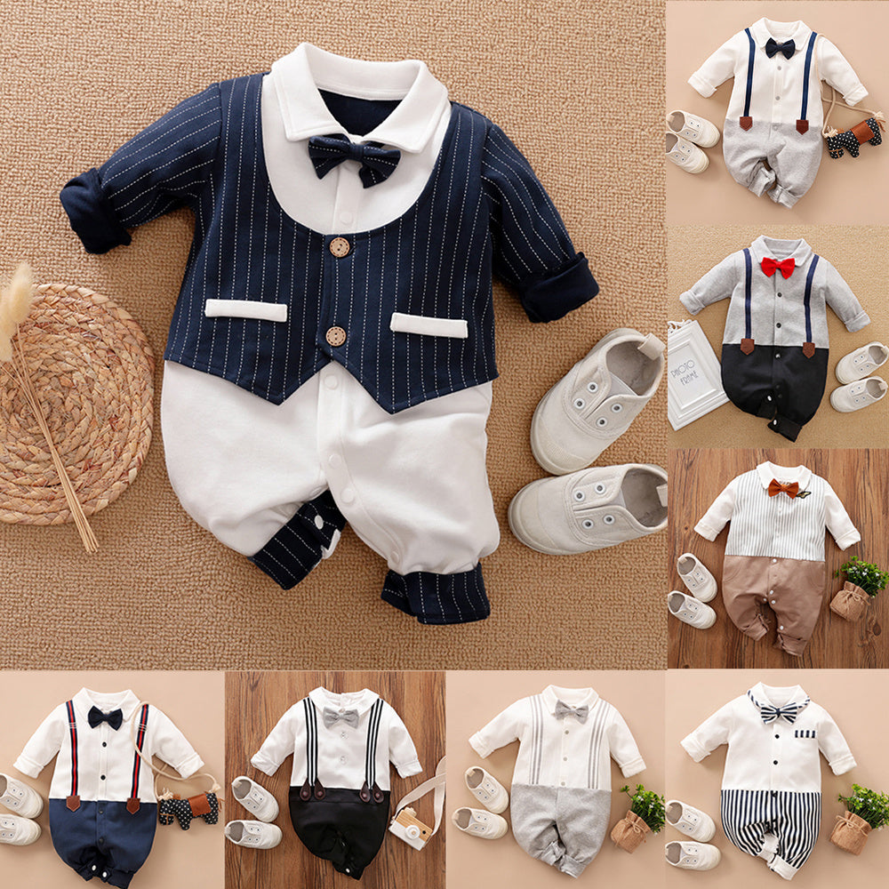 Baby Gentleman Romper – Stylish Long Sleeve Cotton Outfit with Bow Tie Strap