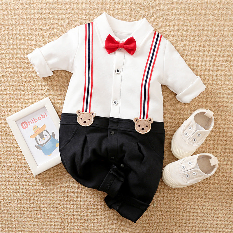 Baby Gentleman Romper – Stylish Long Sleeve Cotton Outfit with Bow Tie Strap