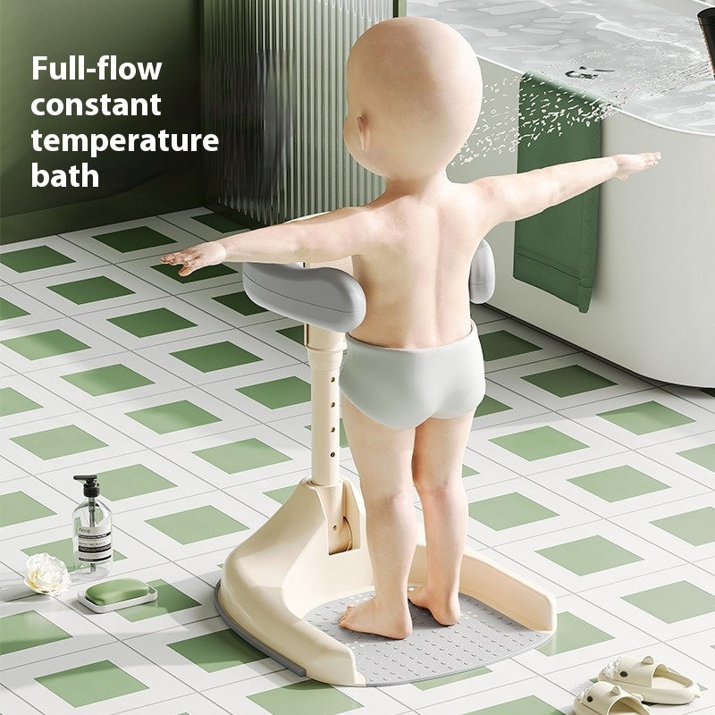 Adjustable Baby Standing Bath Support – Foldable Shower Table with Sturdy Frame (Gray/Khaki)