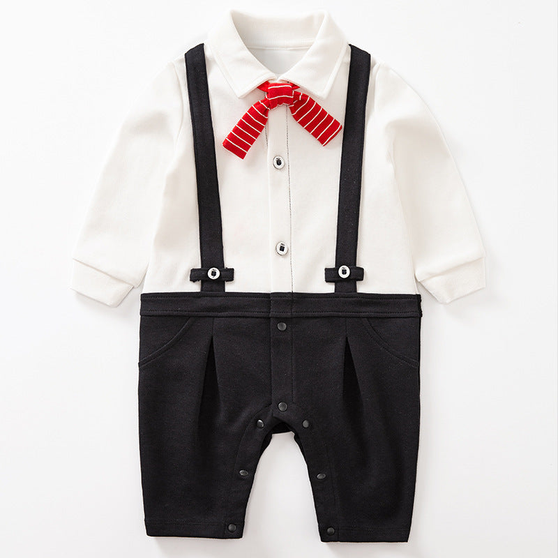Baby Gentleman Romper – Stylish Long Sleeve Cotton Outfit with Bow Tie Strap