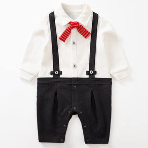 Baby Gentleman Romper – Stylish Long Sleeve Cotton Outfit with Bow Tie Strap