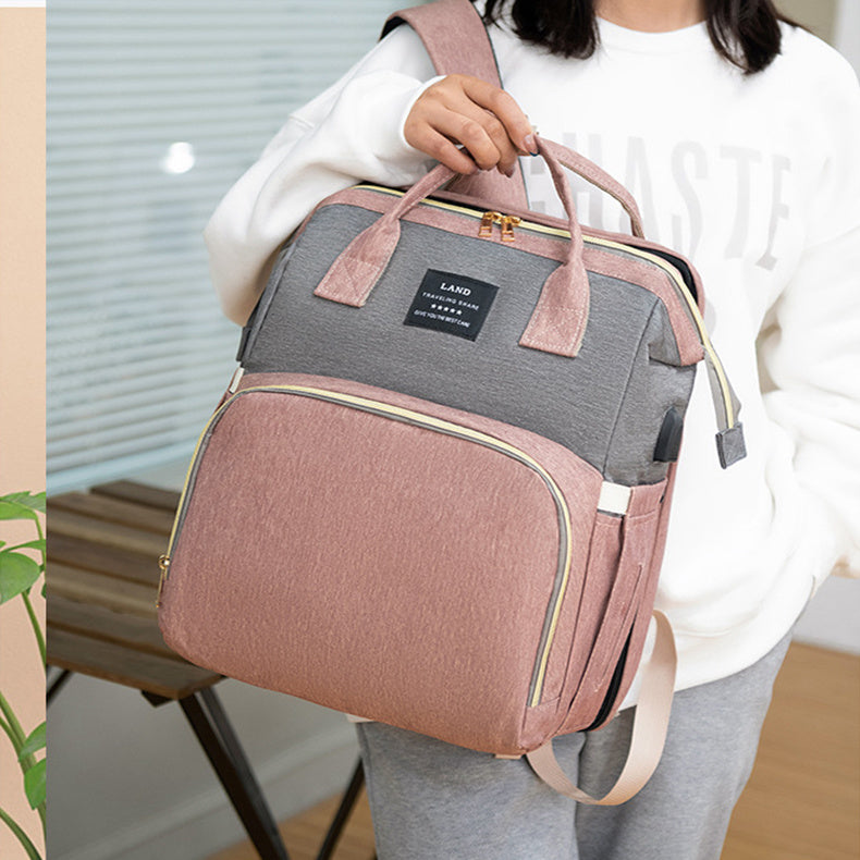 Large Mummy Crib Backpack – Waterproof Diaper Bag with USB & Insulated Storage