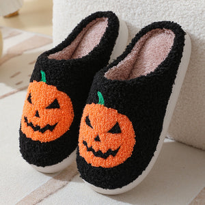 Halloween Pumpkin Slippers – Warm, Non-Slip Suede House Shoes for Men & Women