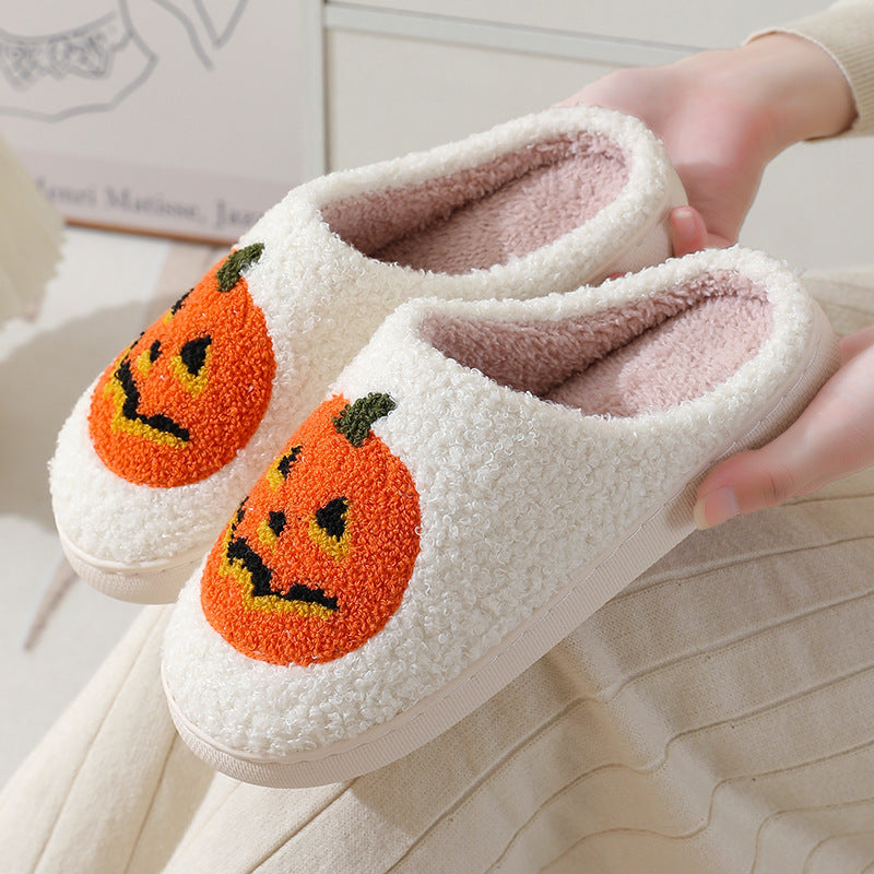 Halloween Pumpkin Slippers – Warm, Non-Slip Suede House Shoes for Men & Women