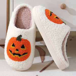 Halloween Pumpkin Slippers – Warm, Non-Slip Suede House Shoes for Men & Women